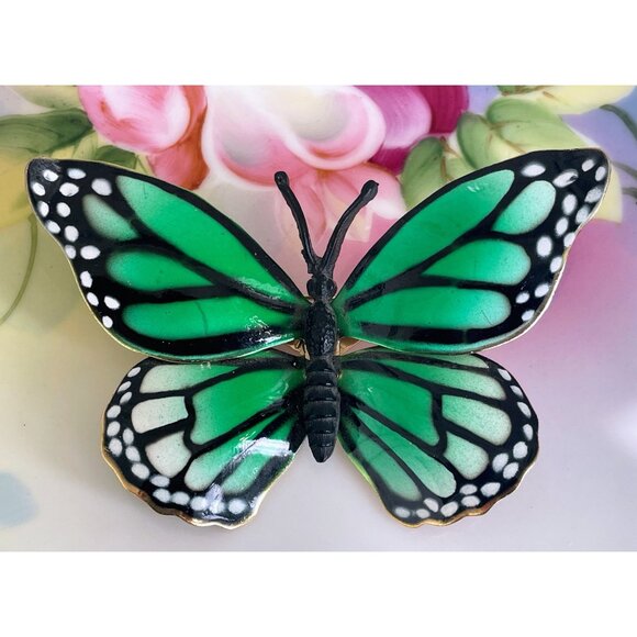 Unbranded Jewelry - Vintage 1960s Large Metal Enamel Green Monarch Butterfly Brooch 3.5"